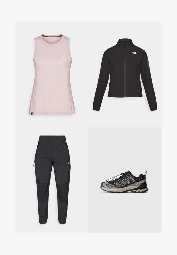 Mustmustabiga must jakk, millel on kõrge krae, tekstureeritud kangas ja logo vasakul rinnal. Omab pikki varrukaid ja sobivat disaini.; Roosa ilma varrukateta sporditopp, mis on valmistatud pehmest kangast, sisaldab diskreetset logo ja tugevdatud õmblusi äärealadel.; Must black välitingimustes püksid, mis on valmistatud vastupidavast kangast. Omavad lukugaTaskuid, tugevdatud põlvepaneele ja sirget lõiget liikuvuse tagamiseks.; Must mustriline ja hallid spordijalatsid, millel on võrgu ülemine osa, kummist põhi ja elastne nööri süsteem. Omab tugevdatud varvaskatet ja tekstuursete aktsentidega detaile.