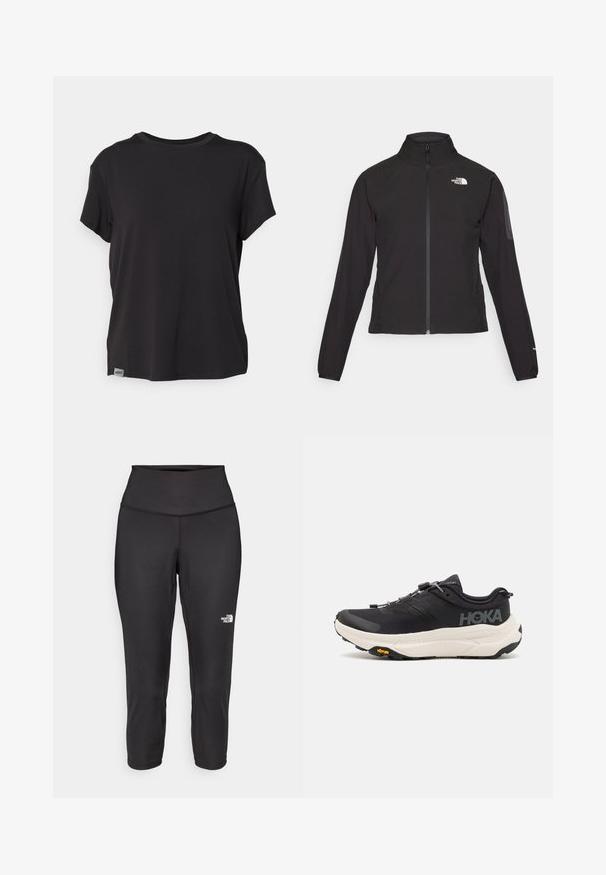 Black zip-up jacket with a high collar, textured fabric, and logo on the left chest. Features long sleeves and a fitted design.; Black short-sleeve t-shirt made from soft fabric, featuring a rounded neckline and a small logo tag at the bottom left hem.; Black capri leggings made from stretchy fabric, featuring a high waistband and a small white logo on the left side. Smooth texture.; Black athletic shoes with a breathable mesh upper, rubber outsole, white cushioning midsole, and reflective laces. Vibram logo on outsole.