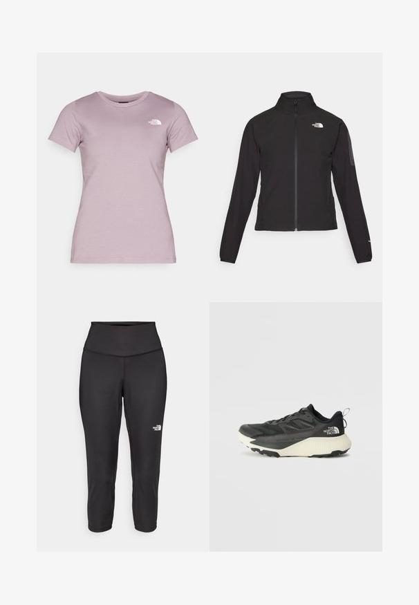 Black zip-up jacket with a high collar, textured fabric, and logo on the left chest. Features long sleeves and a fitted design.; The North Face W SS SD SLIM TEE - Basic T-shirt - purple chalk; Black capri leggings made from stretchy fabric, featuring a high waistband and a small white logo on the left side. Smooth texture.; Black athletic shoe with a textured upper, featuring gray accents and a white midsole. Includes a pull tab and prominent brand logo on the heel.