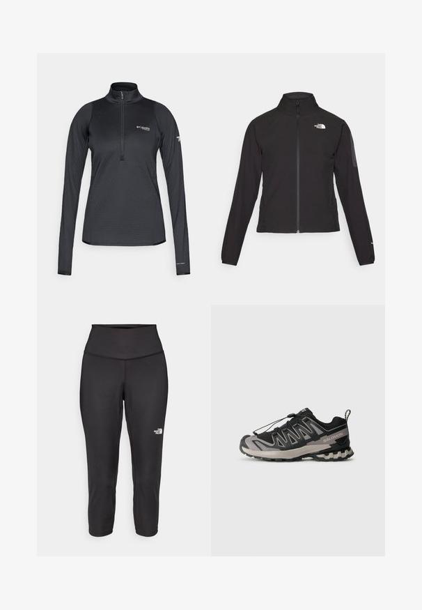 Black zip-up jacket with a high collar, textured fabric, and logo on the left chest. Features long sleeves and a fitted design.; Black Columbia Titanium long-sleeve athletic pullover with quarter-zip and Omni-Heat branding on the left sleeve cuff.; Black capri leggings made from stretchy fabric, featuring a high waistband and a small white logo on the left side. Smooth texture.; Black and gray athletic shoe with mesh upper, rubber sole, and elastic lace system. Features a reinforced toe and textured accents.