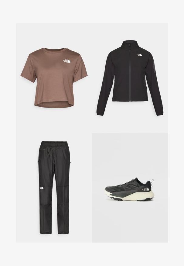 Svart zip-up jakke med høy krage, teksturert stoff, og logo på venstre bryst. Har lange ermer og en tettsittende design.; The North Face SIMPLE DOME CROPPED SLIM TEE - T-shirts med print - smokey brown; Sorte vanntette bukser laget av lettvektig stoff, med elastisk midjebånd, sidelommer og en logo på venstre ben.; Svart treningssko med teksturert overdel, med grå detaljer og hvit såle. Har en pull tab og fremtredende merkevarelogo på hælen.