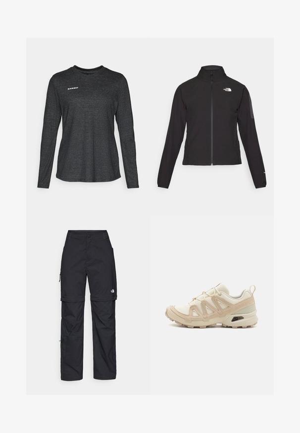 Svart zip-up jakke med høy krage, teksturert stoff, og logo på venstre bryst. Har lange ermer og en tettsittende design.; Langermet svart skjorte laget av teksturert stoff med rund hals og en hvit "MAMMUT" logo på øvre venstre side.; Svarte nylon cargo-bukser med glidelås og justerbare mansjetter, flere lommer og en logo på høyre bein. Glatt, lett tekstur.; Beige og krem joggesko med teksturert mesh-overdel, støttende overlegg og gummisåle med et mønster for godt grep.