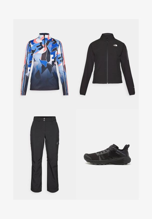 Svart zip-up jacka med hög krage, texturerat tyg och logotyp på vänster bröst. Har långa ärmar och en figursydd design.; Bogner Fire + Ice Långärmad tröja - multicolor; Svarta utomhusbyxor med rak passform, med knappstängning, fickor med dragkedja på sidan och en logotypapplikation på vänster lår.; Svart löparsko med en texturerad mesh-överdel, förstärkt tåhätta och gummisula. Har snörningssystem och logodetaljer på sidan.