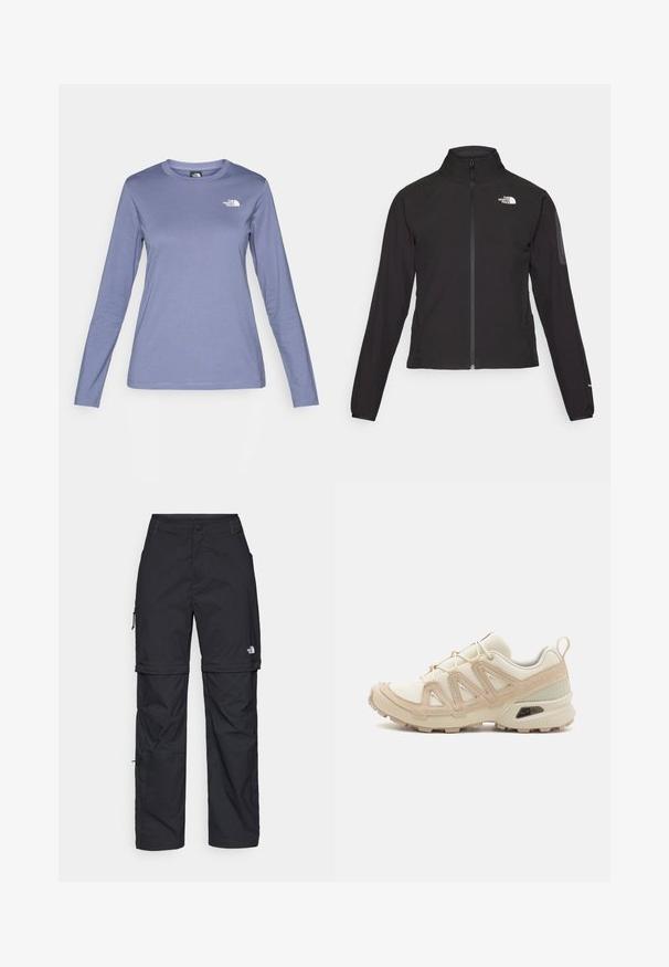 Mustat vetoketjullinen takki, jossa on korkea kaulus, teksturoitu kangas ja logo vasemmassa rinnassa. Ominaisuuksiin kuuluvat pitkät hihat ja slim fit -muotoilu.; Pitkähihainen paita vaaleanliilasta kankaasta, jossa on pyöreä kaula-aukko ja valkoinen The North Face -logo vasemmalla rinnalla. Sujuva tekstuuri, rento istuvuus.; Mustat nailonista valmistetut irrotettavat cargo-housut säädettävillä lahkeilla, useilla taskuilla ja logolla oikeassa jalassa. Liukas, kevyt rakenne.; Beige ja kreemi värvi sportlikud jalanõud, millel on tekstiilne mesh ülemine osa, toetavad ülekatted ja kummist tald, millel on mustripattern haardeks.