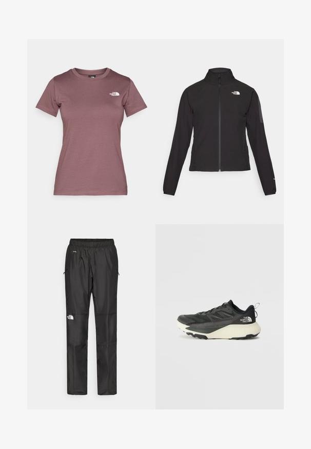 Sort zip-jacket med høj krave, struktureret stof og logo på venstre bryst. Har lange ærmer og en tætsiddende design.; Kortærmet T-shirt med rund hals i dæmpet mauve farve, lavet af blødt stof med et lille hvidt logo på venstre bryst. Glat tekstur.; Sorte vandtætte bukser lavet af letvægtsstof, med elastisk talje, sidelommer og et logo på venstre ben.; Sort atletiksko med en tekstureret overdel, prydet med grå accenter og en hvid mellemsål. Inkluderer en trækslynge og en fremtrædende mærkelogo på hælen.