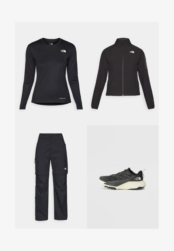 Casaco preto com fecho zip e gola alta, em tecido texturizado, com logo no lado esquerdo do peito. Apresenta mangas longas e um design ajustado.; The North Face SHADOW LONG SLEEVE - Camisola de manga comprida - black; Calças cargo pretas em nylon com fechos de correr removíveis, punhos ajustáveis, múltiplos bolsos e um logótipo na perna direita. Textura suave e leve.; Shoe atlético preto com um cabedal texturizado, apresentando detalhes em cinza e uma entressola branca. Inclui uma alça e um logótipo da marca em destaque no calcanhar.