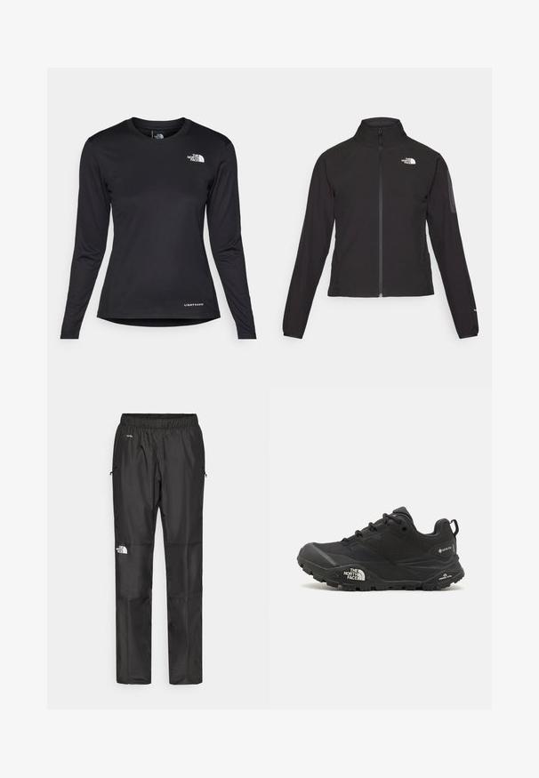 Černá zipová bunda s vysokým límcem, texturovaná tkanina a logo na levé hrudi. Má dlouhé rukávy a přiléhavý design.; The North Face SHADOW LONG SLEEVE - Top s dlouhým rukávem - black; Černé voděodolné kalhoty vyrobené z lehkého materiálu, mají elastický pas, boční kapsy a logo na levé noze.; Černá turistická bota s texturovaným svrškem, šněrováním a masivní gumovou podrážkou, která má výrazné logo po straně a vzory na podrážce.