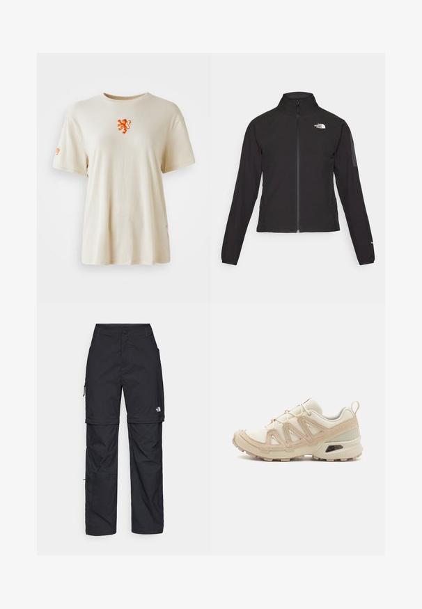 Mustat vetoketjullinen takki, jossa on korkea kaulus, teksturoitu kangas ja logo vasemmassa rinnassa. Ominaisuuksiin kuuluvat pitkät hihat ja slim fit -muotoilu.; Beige puuvillainen T-paita, jossa on pyöreä kaula-aukko. Rintapitkä oranssi leijonasymboli ja oranssi logo hihassa. Lyhyet hihat.; Mustat nailonista valmistetut irrotettavat cargo-housut säädettävillä lahkeilla, useilla taskuilla ja logolla oikeassa jalassa. Liukas, kevyt rakenne.; Beige ja kreemi värvi sportlikud jalanõud, millel on tekstiilne mesh ülemine osa, toetavad ülekatted ja kummist tald, millel on mustripattern haardeks.