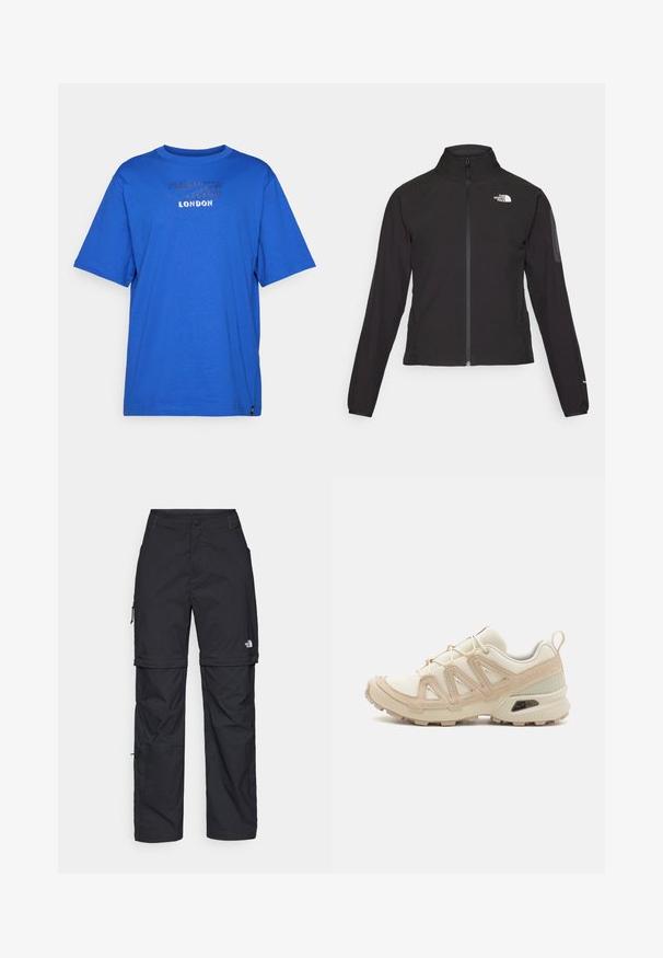 Čierna bunda na zips s vysokým golierom, textúrovanou tkaninou a logom na ľavej hrudi. Má dlhé rukávy a priliehavý strih.; Modrá bavlnená tričko s okrúhlym výstrihom, krátkymi rukávmi a textúrovaným potlačou s nápisom "LONDON" na prednej strane. Bez vzorov alebo akcentov.; Čierne nylonové cargo nohavice s odnímateľnými nohavicami, nastaviteľnými manžetami, viacerými vreckami a logom na pravej nohe. Hladká, ľahká textúra.; Beige a krémová športová obuv s textúrovaným sieťovým zvrškom, podporujúcimi prekrytiami a gumovou podrážkou s dezénom pre trakciu.