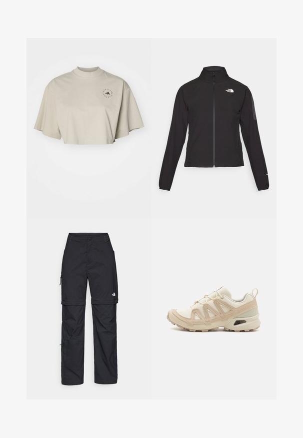 Melna ar rāvējslēdzēju aizdara jaka ar augstu apkakli, teksturētu audumu un logotipu kreisajā krūtī. Satur garas piedurknes un pieguļošu dizainu.; Izgriezta, īsām piedurknēm t-kreklu gaiši bezkrāsainā kokvilnā. Tam ir augsta kakla izgriezums un melns apļveida logotips kreisajā krūtīs.; Melni nailona bikses ar noņemamām kājām, regulējamiem uzmavām, vairākām kabatām un logotipu uz labās kājas. Gluda, viegla tekstūra.; Beige un krēma sporta apavi ar strukturētu tīkla virsmu, atbalstošajiem slāņiem un gumijas zoli ar protektoru rakstu, kas nodrošina saķeri.