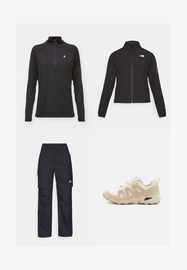 Mustat vetoketjullinen takki, jossa on korkea kaulus, teksturoitu kangas ja logo vasemmassa rinnassa. Ominaisuuksiin kuuluvat pitkät hihat ja slim fit -muotoilu.; Musta pitkähihaisuus neljännesvetoketjulla, jossa on sileä rakenne ja muotoiltu malli. Varustettu raglan-hihalla ja pienellä valkoisella logolla rinnassa.; Mustat nailonista valmistetut irrotettavat cargo-housut säädettävillä lahkeilla, useilla taskuilla ja logolla oikeassa jalassa. Liukas, kevyt rakenne.; Beige ja kreemi värvi sportlikud jalanõud, millel on tekstiilne mesh ülemine osa, toetavad ülekatted ja kummist tald, millel on mustripattern haardeks.
