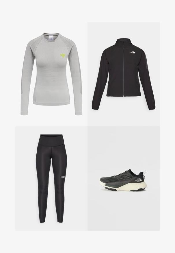 Sort zip-jacket med høj krave, struktureret stof og logo på venstre bryst. Har lange ærmer og en tætsiddende design.; Lysegrå langærmet skjorte med en tætsiddende pasform, struktureret stof og et lille grønt bi-logo på brystet.; Højtaljede sorte leggings med en glat, strækbar tekstur. Har et lille hvidt logo nederst på benet. Designet til sportstøj.; Sort atletiksko med en tekstureret overdel, prydet med grå accenter og en hvid mellemsål. Inkluderer en trækslynge og en fremtrædende mærkelogo på hælen.