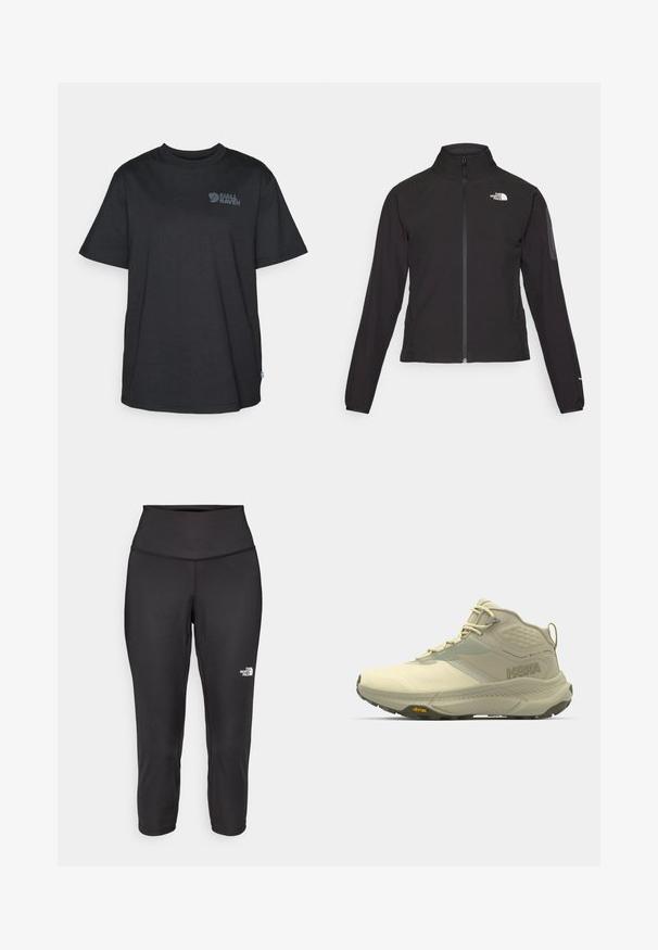 Mustat vetoketjullinen takki, jossa on korkea kaulus, teksturoitu kangas ja logo vasemmassa rinnassa. Ominaisuuksiin kuuluvat pitkät hihat ja slim fit -muotoilu.; Musta puuvillainen t-paita lyhyillä hihoilla, pyöreällä kaula-aukolla, jossa on harmaa logoprintti vasemmassa yläkulmassa ja pieni Ruotsin lipun aksentti.; Mustat capri-collegehousut, jotka on valmistettu joustavasta kankaasta. Ne sisältävät korkean vyötärön ja pienen valkoisen logon vasemmalla puolella. Silkkinen pinta.; Hoka vaelluskengät vaaleassa beigessä, jossa on teksturoitu päällinen, nauhakiinnitys ja Vibram-pohja. Erottuva sivulogosuunnittelu ja tukevuus.