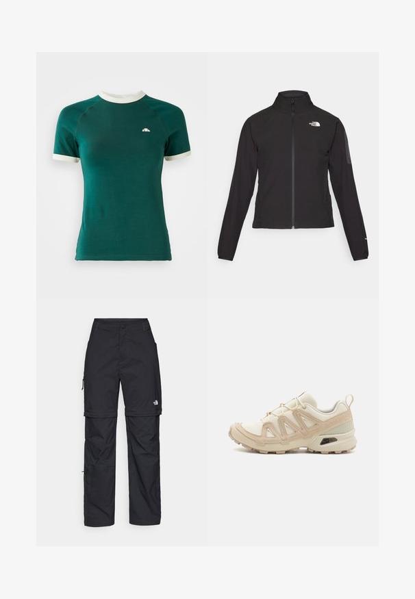 Black zip-up jacket with a high collar, textured fabric, and logo on the left chest. Features long sleeves and a fitted design.; Green short-sleeve t-shirt with a white ribbed round neckline and sleeve cuffs. Features a small logo on the upper left chest area.; Black nylon zip-off cargo trousers with adjustable cuffs, multiple pockets, and a logo on the right leg. Smooth, lightweight texture.; Beige and cream athletic shoe with textured mesh upper, supportive overlays, and rubber outsole featuring a tread pattern for traction.