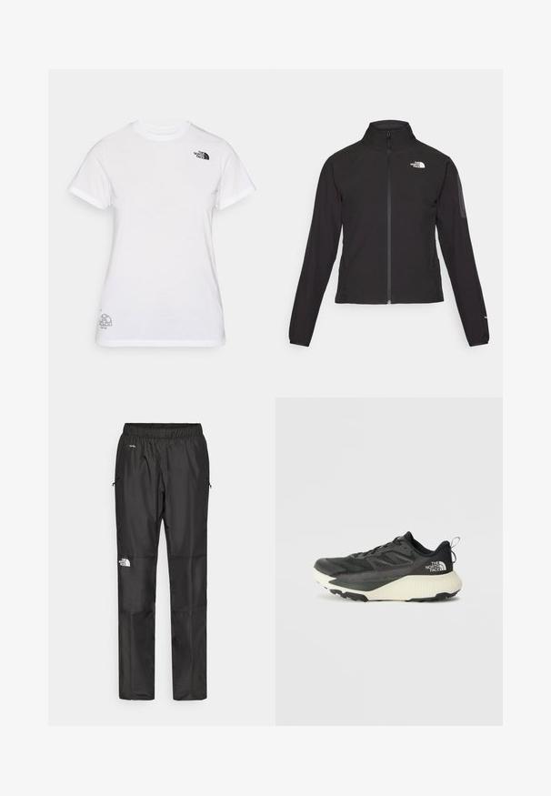 Chaqueta negra con cremallera y cuello alto, de tela texturizada, y logo en el lado izquierdo del pecho. Con mangas largas y un diseño ajustado.; Camiseta de algodón blanca con un logo negro en el lado izquierdo del pecho y un diseño gráfico gris en la parte inferior derecha. Cuello redondo clásico y mangas cortas.; Pantalones impermeables negros hechos de un tejido ligero, con una cintura elástica, bolsillos laterales y un logo en la pierna izquierda.; Zapatilla deportiva negra con parte superior texturizada, que presenta acentos grises y una entresuela blanca. Incluye una lengüeta y un logotipo de la marca destacado en el talón.