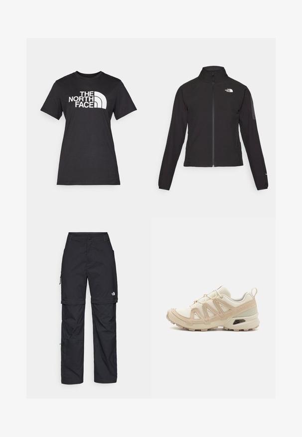 Svart zip-up jakke med høy krage, teksturert stoff, og logo på venstre bryst. Har lange ermer og en tettsittende design.; Svart bomull T-skjorte med en stor hvit "THE NORTH FACE" logo og buet akksent. Korte ermer og rund hals, glatt tekstur.; Svarte nylon cargo-bukser med glidelås og justerbare mansjetter, flere lommer og en logo på høyre bein. Glatt, lett tekstur.; Beige og krem joggesko med teksturert mesh-overdel, støttende overlegg og gummisåle med et mønster for godt grep.