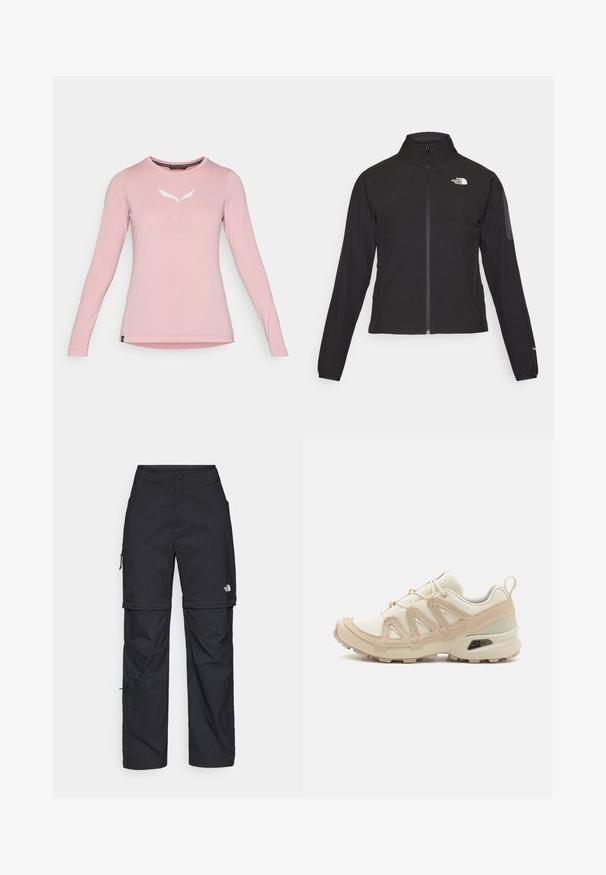 Crna jakna na zip s visokim ovratnikom, teksturirana tkanina i logotip na lijevoj strani prsiju. Ima duge rukave i uski kroj.; Ružičasta majica dugih rukava s okruglim izrezom, s bijelim minimalističkim logotipom centriranim na prsima, prikazana na jednostavnoj bijeloj pozadini.; Crne najlon hlače s munjevim zatvaranjem, odvojive cargo hlače s podesivim manžetama, brojnim džepovima i logom na desnoj nozi. Glatka, lagana tekstura.; Bež i kremasti sportski tenisice s teksturiranim mrežastim gornjim dijelom, potpornih preklopa i gumeni potplat s uzorcima za prianjanje.