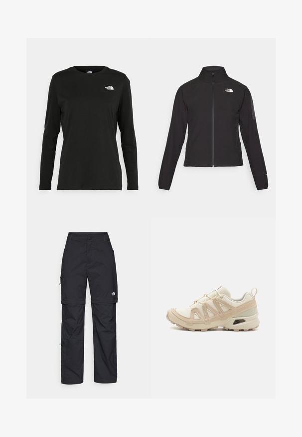 Juodas zip-up švarkas su aukšta apykakle, tekstūruotu audiniu ir logotipu kairėje krūtinės pusėje. Pasižymi ilgu rankovėmis ir prigludusia forma.; Juodas ilgomis rankovėmis medvilninis marškinėliai su apvali apykakle. Savybė - mažas baltas logotipas kairėje krūtinės pusėje. Paprastas dizainas ir pritaikymas.; Juodos nailoninės krovinių kelnės su reguliuojamais rankovėmis, daugybe kišenių ir logo ant dešinės kojos. Lygi, lengva tekstūra.; Bežinės ir kreminės spalvos sportinės bateliai su tekstūruoto tinklelio viršutine dalimi, palaikančiomis detalėmis ir guminiais padais, turinčiais raštą, užtikrinantį sukibimą.