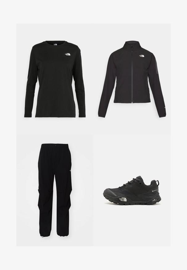 Schwarze Zip-Jacke mit hohem Kragen, strukturiertem Stoff und Logo auf der linken Brust. Verfügt über lange Ärmel und eine taillierte Passform.; Schwarzes Langarm-T-Shirt aus Baumwolle mit Rundhalsausschnitt. Verfügt über ein kleines weißes Logo auf der linken Brustseite. Einfaches Design und Passform.; Schwarze Outdoor-Hosen aus langlebigem Material, mit lockerer Passform, elastischem Bund und verstellbaren Bündchen für variable Längen.; Schwarzer Wanderschuh mit einer strukturierten Oberfläche, Schnürverschluss und einer massiven Gummisohle, die auf der Seite ein ausgeprägtes Logo sowie Profilmuster zeigt.