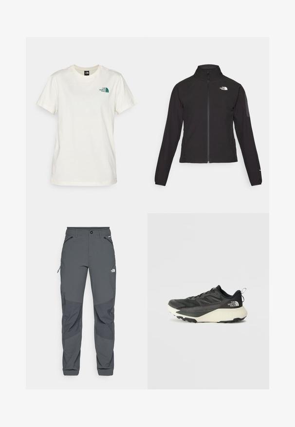 Melna ar rāvējslēdzēju aizdara jaka ar augstu apkakli, teksturētu audumu un logotipu kreisajā krūtī. Satur garas piedurknes un pieguļošu dizainu.; The North Face BOX RELAXED TEE - Apdrukāts T-krekls - white dune/evergreen; Tumši pelēki ārējie bikses ar pastiprinātiem ceļiem, ar rāvējslēdzējiem sānu un priekšējiem kabatām, pogu aizdari un The North Face logotipu uz augšstilba.; Melna sporta kurpe ar teksturētu augšdaļu, kurai ir pelēki akcenti un balts vidusdaļa. Ietver vilkšanas cilpu un izteiktu zīmola logo uz papēža.