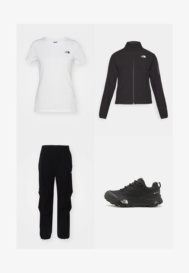 Juodas zip-up švarkas su aukšta apykakle, tekstūruotu audiniu ir logotipu kairėje krūtinės pusėje. Pasižymi ilgu rankovėmis ir prigludusia forma.; Balta medvilninė marškinė su apvalia iškirpte, trumpomis rankovėmis ir mažu juodu logotipu kairiajame krūtinės šone. Lygi tekstūra ir prigludusi forma.; Juodos lauko kelnės, pagamintos iš tvirto medžiagos, su laisvu siluetu, elastinga juosmens juosta ir surišamais rankogaliais, leidžiančiais reguliuoti ilgį.; Juodas žygio batelis su tekstūruotu viršumi, su raištelių uždarymu ir storu guminiu padu, ant šono išryškintas logotipas ir raštiškai išpjauti modeliai.