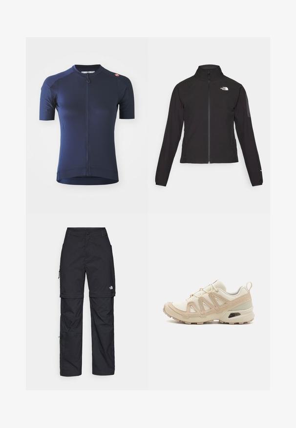 Svart zip-up jakke med høy krage, teksturert stoff, og logo på venstre bryst. Har lange ermer og en tettsittende design.; Mørkeblå sykkeltrøye med kort erm og glidelås foran, strukturert stoff og etlogo på skulderen. Har en tettsittende design.; Svarte nylon cargo-bukser med glidelås og justerbare mansjetter, flere lommer og en logo på høyre bein. Glatt, lett tekstur.; Beige og krem joggesko med teksturert mesh-overdel, støttende overlegg og gummisåle med et mønster for godt grep.