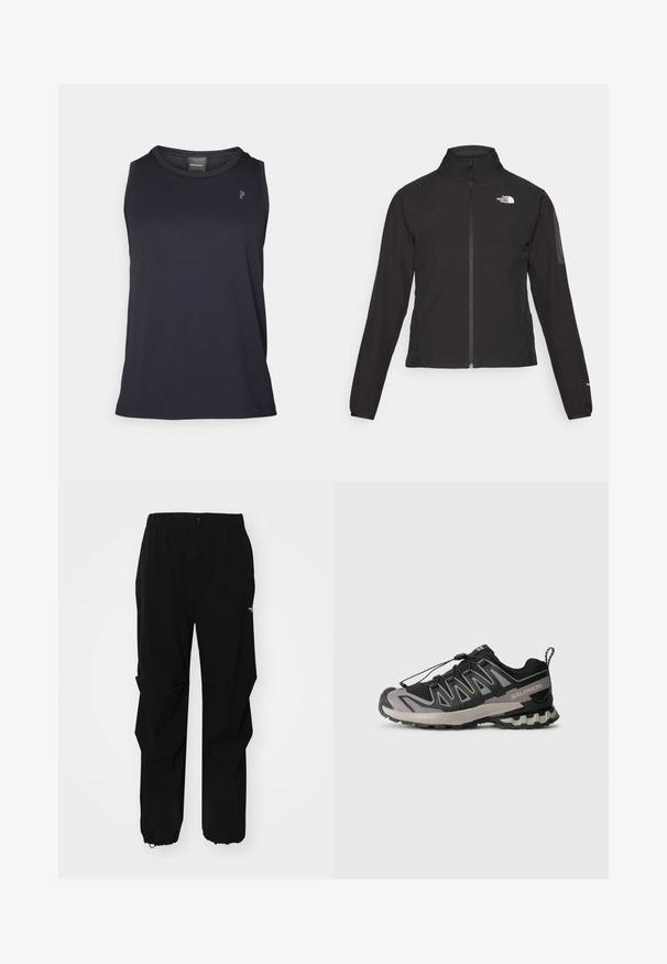 Svart zip-up jakke med høy krage, teksturert stoff, og logo på venstre bryst. Har lange ermer og en tettsittende design.; Svart ermeløs tanktop laget av glatt stoff, med rund hals og lite merke på venstre bryst. Enkel, moderne design.; Sorte utendørsbukser laget av slitesterkt materiale, med en avslappet passform, elastisk midjebånd og stramme mansjetter for justerbar lengde.; Svart og grå atletisk sko med mesh-overdel, gummisåle og elastisk snøresystem. Har forsterket tå og teksturerte detaljer.