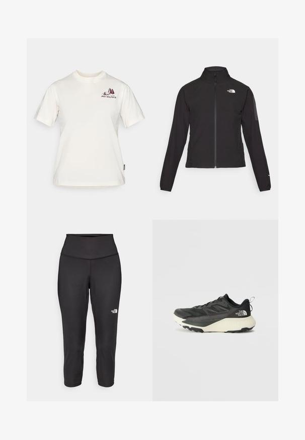 Čierna bunda na zips s vysokým golierom, textúrovanou tkaninou a logom na ľavej hrudi. Má dlhé rukávy a priliehavý strih.; Jack Wolfskin CADENA - Tričko s potlačou - white; Čierne capri legíny vyrobené z elastickej tkaniny, s vysokým pásom a malým bielym logom na ľavej strane. Hladká textúra.; Čierna atletická obuv s textúrovaným vrchom, s šedými akcentmi a bielou medzipodrážkou. Obsahuje pútko a výrazné logo značky na päte.