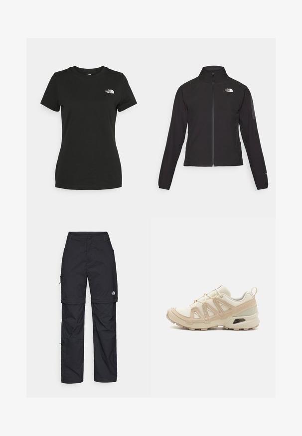 Giacca nera con zip e colletto alto, tessuto testurizzato e logo sul lato sinistro del petto. Presenta maniche lunghe e un design aderente.; T-shirt in cotone nero con collo a giro e maniche corte. Logo bianco ben visibile sulla parte superiore sinistra. Tessuto liscio, vestibilità casual.; Pantaloni cargo in nylon nero con zip rimovibile, polsini regolabili, molteplici tasche e un logo sulla gamba destra. Tessuto liscio e leggero.; Scarpa atletica beige e crema con tomaia in mesh testurizzato, sovrapposizioni supportive e suola in gomma con un motivo a tasselli per la trazione.