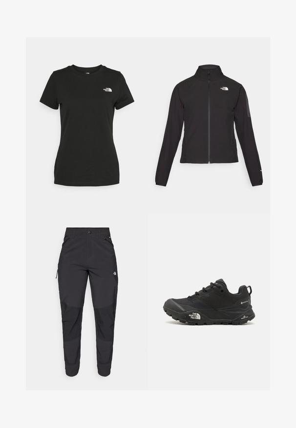 Crna jakna na zip s visokim ovratnikom, teksturirana tkanina i logotip na lijevoj strani prsiju. Ima duge rukave i uski kroj.; Crna pamučna majica s okruglim izrezom i kratkim rukavima. Istaknuti bijeli logo na gornjoj lijevoj strani. Glatka tekstura, ležeran kroj.; Crne vanjske hlače izrađene od izdržljivog materijala. Imaju džepove sa zatvaračem, ojačane paneli na koljenima i ravni kroj za slobodu pokreta.; Crne planinarske cipele s teksturiranim gornjim dijelom, zatvaranjem na vezivanje i debelim gumenim potplatom koji sadrži istaknuti logo na strani i uzorke na gaznom sloju.
