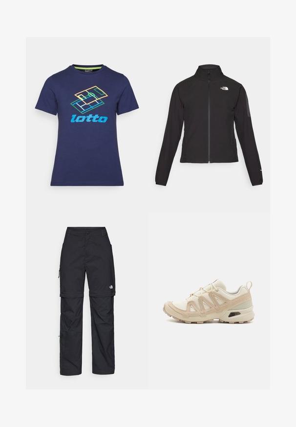 Chaqueta negra con cremallera y cuello alto, de tela texturizada, y logo en el lado izquierdo del pecho. Con mangas largas y un diseño ajustado.; Camiseta de algodón azul marino de manga corta, con un logo de Lotto multicolor y un diseño geométrico impresos en el frente.; Pantalones cargo de nailon negro con cremallera desmontable, puños ajustables, múltiples bolsillos y un logotipo en la pierna derecha. Textura suave y ligera.; Zapatilla deportiva beige y crema con parte superior de malla texturizada, superposiciones de soporte y suela de goma con un patrón de tracción.