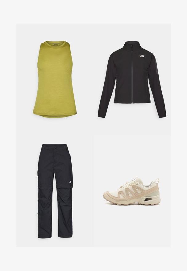 Svart zip-up jacka med hög krage, texturerat tyg och logotyp på vänster bröst. Har långa ärmar och en figursydd design.; Olivgrön ärmlös topp med rundad halsringning, tillverkad av ett glatt tyg, med en något avslappnad passform och rundad nederkant.; Svarta nylonbyxor med avtagbara ben, justerbara muddar, flera fickor och en logotyp på högra benet. Slät, lätt textur.; Beige och krämfärgad atletisk sko med texturerad meshovandel, stöttande överdrag och gummisulor med ett mönster för grepp.