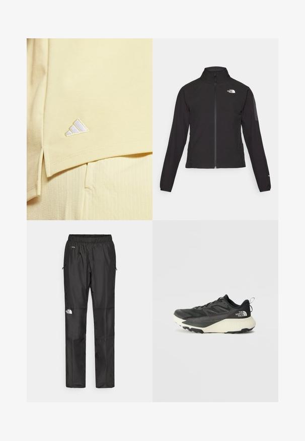 Casaco preto com fecho zip e gola alta, em tecido texturizado, com logo no lado esquerdo do peito. Apresenta mangas longas e um design ajustado.; Camisola atlética amarelo claro feita de tecido suave, apresentando um logo bordado branco em forma de três riscas no lado esquerdo.; Calças pretas à prova d'água feitas de um tecido leve, com cintura elástica, bolsos laterais e um logótipo na perna esquerda.; Shoe atlético preto com um cabedal texturizado, apresentando detalhes em cinza e uma entressola branca. Inclui uma alça e um logótipo da marca em destaque no calcanhar.