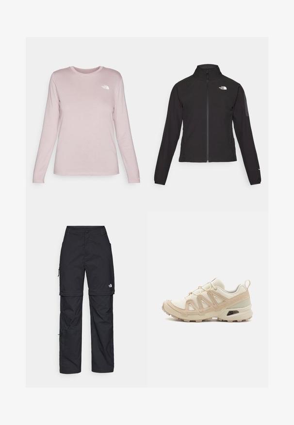 Jachetă neagră cu fermoar și guler înalt, din material texturat, cu logo pe partea stângă a pieptului. Prezintă mâneci lungi și un design ajustat.; Cămașă cu mânecă lungă dintr-un material roz moale, cu guler rotund, având un logo alb pe pieptul stâng și mâneci strâmte.; Pantaloni cargo din nylon negru, cu fermoar detașabil, manșete ajustabile, multiple buzunare și un logo pe piciorul drept. Textură netedă și ușoară.; Pantofii sport bej și crem au un superior din plasă texturată, suprapuneri de susținere și o talpă din cauciuc cu un model de profil pentru aderență.