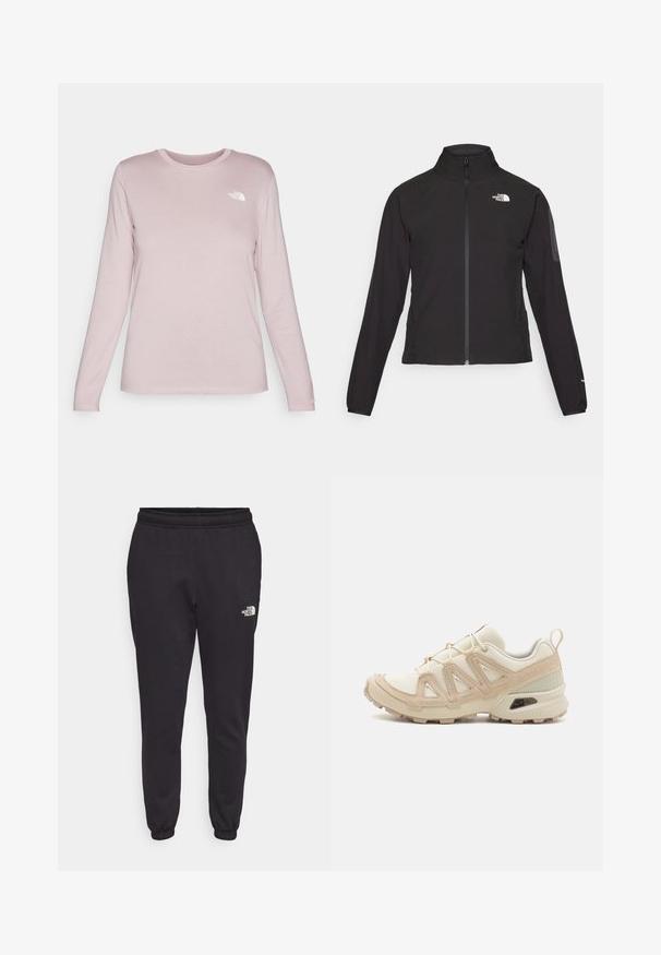 Mustmustabiga must jakk, millel on kõrge krae, tekstureeritud kangas ja logo vasakul rinnal. Omab pikki varrukaid ja sobivat disaini.; Pikkade käistega särk pehmest roosa kangast ümmarguse kaelusega, millel on valge logo vasakul rinnal ja tüübliksšemega varrukad.; Mustad mustadest puuvillasegust jogger-püksid. Omavad elastset vöökohta, kitsenevat säärekujundust ja väikest valget logo alumisel paremal küljel.; Beež ja koobalti spordijalats tekstureeritud võrkkattega, toetavad ülemised kihid ja kummist tallaga, millel on mustriga joonistus haardeks.