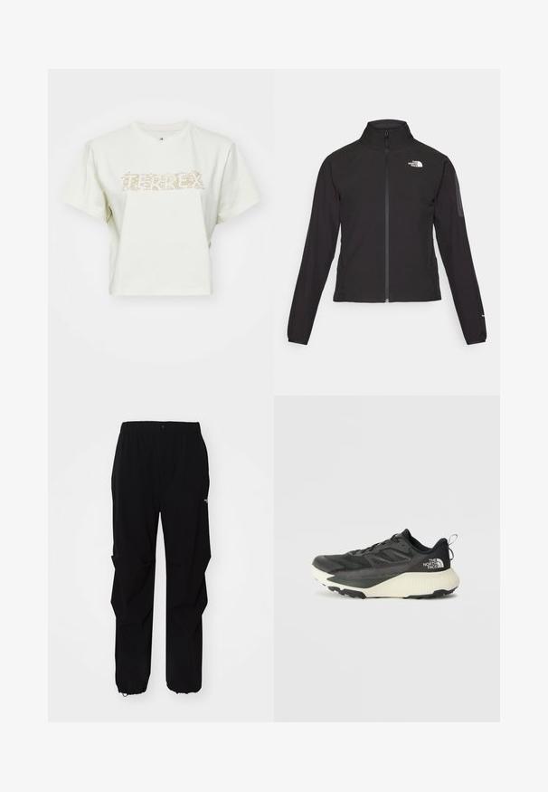 Mustmustabiga must jakk, millel on kõrge krae, tekstureeritud kangas ja logo vasakul rinnal. Omab pikki varrukaid ja sobivat disaini.; Lühendatud valge t-särk, mis on valmistatud puuvillast ja millel on helepruun graafikatext, kus on looduse elemendid, lugedes "TERREX". Lühikesed varrukad, ümar kaelus.; Mustad must outdoor püksid, valmistatud vastupidavast materjalist, millel on mugav lõige, elastne vöökoht ja reguleeritavad varrukaotsad.; Musty mustusjalats musta pealisega, millel on tekstuur, hallid aktsendid ja valge vaheosa. Sisaldab tõmbeosa ning silmapaistvat brändi logo kandadel.