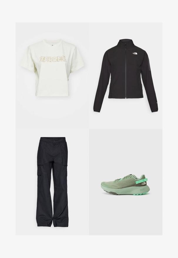 Black zip-up jacket with a high collar, textured fabric, and logo on the left chest. Features long sleeves and a fitted design.; Cropped white t-shirt made of cotton featuring a light tan graphic text with nature elements reading "TERREX." Short sleeves, round neckline.; Columbia BREA FALLS™ COTTON RIPSTOP PANT - Outdoor trousers - black; Green athletic shoe with mesh upper, textured overlays, and a thick rubber sole. Features a pull tab and logo detail on the heel.