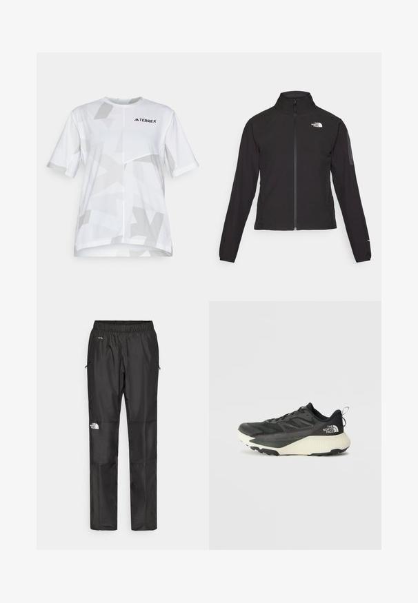 Melna ar rāvējslēdzēju aizdara jaka ar augstu apkakli, teksturētu audumu un logotipu kreisajā krūtī. Satur garas piedurknes un pieguļošu dizainu.; Balts īsām piedurknēm krekls ar ģeometrisku pelēku rakstu un apaļu kakla izgriezumu. Logo uz krūtīm. Viegls materiāls, kas piemērots aktīvai nodarbībai.; Melnas ūdensnecaurlaidīgas bikses, kas izgatavotas no viegla materiāla, ar elastīgu jostu, sānu kabatām un logotipu uz kreisās kājas.; Melna sporta kurpe ar teksturētu augšdaļu, kurai ir pelēki akcenti un balts vidusdaļa. Ietver vilkšanas cilpu un izteiktu zīmola logo uz papēža.
