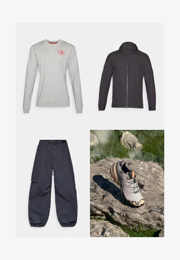 Čierna športová bunda s kapucňou, s predným zipsom, kontrastným modrým logom a textúrovanými panelmi na pleciach a stranách.; Šedá mikina s okrúhlym výstrihom vyrobená z bavlneného zmesi, s červeným kruhovým logom na hrudi a s rebrovanými manžetami na rukávoch a dolnom okraji.; Tmavošedé cargo nohavice vyrobené z mäkkého, odolného materiálu. Majú široký, voľný strih, viacero vreciek a opasok na prispôsobenie.; Svetlošedá trailová bežecká obuv s béžovými akcentami, štruktúrovaným zvrškom, čiernymi šnúrkami a výrazným vzorom na podrážke. Obsahuje logo značky.