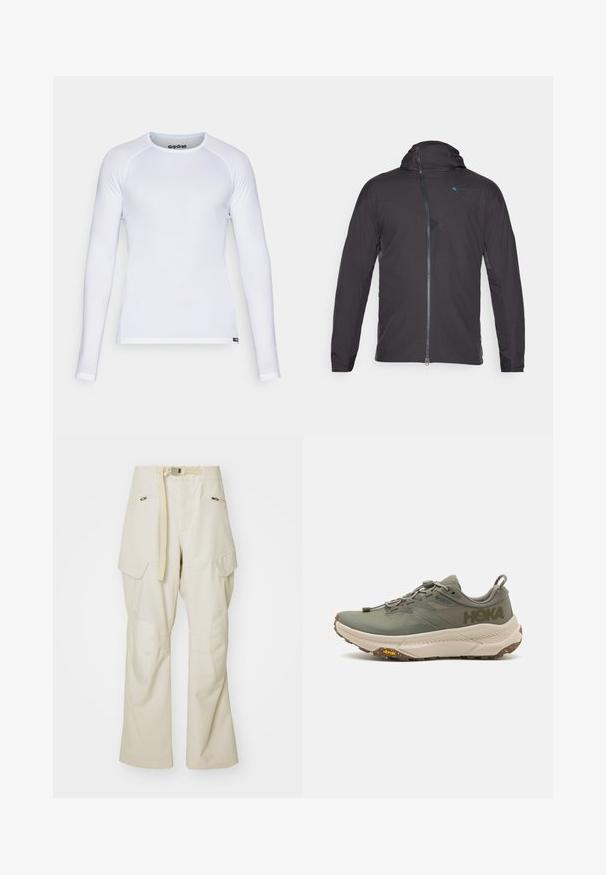 Black athletic jacket with a hood, featuring a front zipper, contrasting blue logo, and textured panels on the shoulders and sides.; White long-sleeve shirt made of smooth, lightweight fabric. Features a crew neckline and flatlock seams. Includes GripGrab logo on collar.; Beige cargo pants with a wide leg, belted waist, two side pockets, and knee patches. Smooth texture with reinforced stitching details.; Green Hoka running shoe with Gore-Tex upper, textured accents, elastic laces, and thick beige outsole featuring Vibram logo.