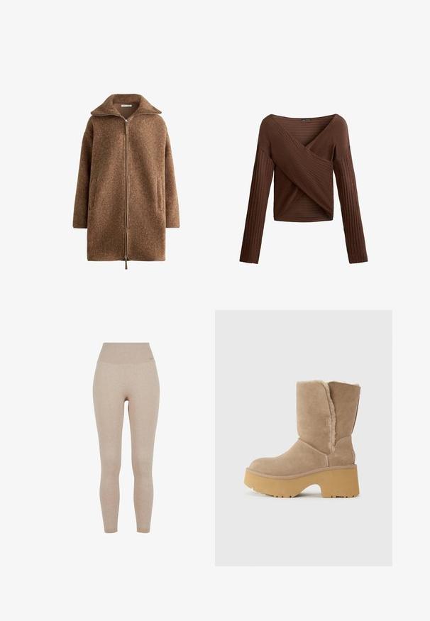 Smeđi kaput s teksturom, visokim ovratnikom, prednjim patentnim zatvaračem i bočnim džepovima. Ima širok kroj i mekan materijal, pogodan za hladnije vrijeme.; Smeđi rebrasti top dugih rukava s preklopljenim V-izrezom, teksturiranom tkaninom i prilagođenom siluetom. Ima duge rukave i kraći kroj.; Bež uske tajice s visokim strukom, napravljene od meke, rastezljive tkanine koja osigurava udobnost i lakoću pokreta.; Bež nubuk čizme do sredine lista s debelim žutim platformom, s mekim, teksturiranim podstavljanjem i zaobljenim vrhom. Glatka vanjska površina.