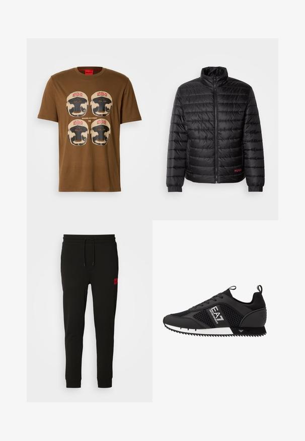 Chaqueta de plumas negra con acolchado horizontal, cuello alto, cremallera frontal y puños elásticos. Logotipo rojo "HUGO" en la parte inferior izquierda.; Sudadera beige con escote redondo y puños acanalados. Presenta un pequeño logotipo cuadrado en colores claros en la parte frontal. Textura suave y lisa.; Camiseta marrón con cuatro cascos de boxeo de estilo vintage y el texto "HUGO" en rojo y "ACADEMIA DE BOXEO 93" en el centro.; Pantalones de chándal negros hechos de tela suave, con cintura ajustable con cordón, corte slim y un parche de logo rojo en el muslo izquierdo.; EA7 Emporio Armani Zapatillas - black/white