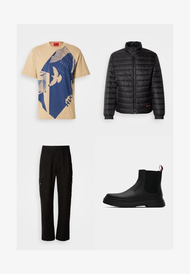 Melnā pūkainā jaka ar horizontālu quiltēšanu, augstu apkakli, priekšējo rāvējslēdzēju un elastīgiem aproču galiem. Sarkanā "HUGO" logo apakšējā kreisajā stūrī.; Beidzīga krēmkrāsas džemperis ar apaļu kakla izgriezumu un ribotām piedurknēm. Priekšā ir neliels kvadrātslogo gaišās krāsās. Maigs, gluds tekstūra.; Beige kokvilnas T-krekls ar zilu ģeometrisku rakstu un putna dizainu. Sarkans etiķete ar "HUGO" apkaklē. Īsas piedurknes, apaļa kakla izgriezuma.; Melnas kokvilnas kravas bikses ar brīvu piegriezumu, ar sānu kabatām, pogu aizdari un taisnām kājām. Vienkāršs dizains bez rakstiem.; Melnas potītes ar gludu apdari, elastīgiem sānu paneļiem un kontrastējošu sarkano cilpu, aprīkotas ar biezu gumijas zoli un noapaļotu purngalu.