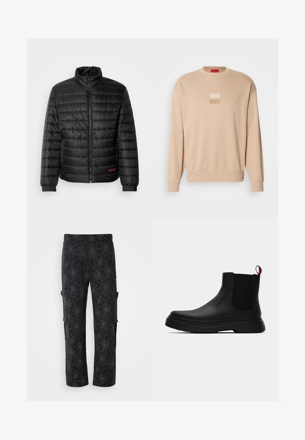 Juodas pūkinis švarkas su horizontaliomis siūlėmis, aukštu kaklu, priekyje užtrauktuku ir elastiniais rankogaliais. Raudonas "HUGO" logotipas apatinėje kairėje pusėje.; Šviesiai ruda džemperis su apvaliu iškirpimu ir susiūtomis rankovėmis. Priekyje yra mažas kvadratinis logotipas šviesiomis spalvomis. Minkšta, lygi tekstūra.; Juodi cargo kelnės su tamsiai pilku voratinklio raštu; turi šonines kišenes ir laisvą prigludimą su tiesiomis kojomis.; Juodas kulkšninis batas su lygiu paviršiumi, elastiniais šonų intarpais ir kontrastingu raudonu kilimėliu, turintis storą guminį pado ir apvalią nosį.