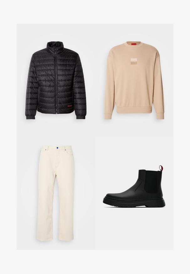 Veste matelassée noire avec un quilting horizontal, col montant, fermeture éclair à l'avant et poignets élastiques. Logo rouge "HUGO" en bas à gauche.; Sweat-shirt beige à col rond et poignets côtelés. Présente un petit logo carré dans des teintes claires sur le devant. Texture douce et lisse.; Pantalons droits beiges en coton, dotés de boutons bleus, de cinq poches et d'un design épuré sans motifs visibles.; Bottines noires avec une finition lisse, des panneaux latéraux élastiques et une languette rouge contrastante, présentant une semelle en caoutchouc épaisse et un bout arrondi.