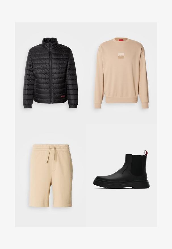 Veste matelassée noire avec un quilting horizontal, col montant, fermeture éclair à l'avant et poignets élastiques. Logo rouge "HUGO" en bas à gauche.; Sweat-shirt beige à col rond et poignets côtelés. Présente un petit logo carré dans des teintes claires sur le devant. Texture douce et lisse.; Shorts en coton beige mélangé avec une taille élastique, un détail de cordon de serrage, une poche latérale et une coupe droite. Texture lisse et design simple.; Bottines noires avec une finition lisse, des panneaux latéraux élastiques et une languette rouge contrastante, présentant une semelle en caoutchouc épaisse et un bout arrondi.
