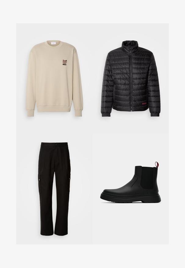 Giacca piumino nera con trapunte orizzontali, colletto alto, cerniera frontale e polsini elasticizzati. Logo rosso "HUGO" in basso a sinistra.; Felpa beige con scollo rotondo, polsini e orlo a costine. Presenta un piccolo ricamo di un orsetto bruno e il testo "MAKIA" sul petto.; Pantaloni cargo neri in cotone con vestibilità comoda, dotati di tasche laterali, chiusura a bottone e gambe dritti. Design semplice senza motivi.; Stivale alla caviglia nero con finitura liscia, pannelli laterali elastici e un tab di presa rosso a contrasto, dotato di una suola in gomma spessa e punta arrotondata.