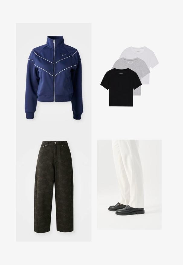Merinavy sininen vetoketjullinen takki on valmistettu sileästä kankaasta ja siinä on korkea kaulus, valkoiset chevron-ommeli¬t sekä sivutaskut. Nike-logo rintataskussa.; Kolm lyhythihaista t-paitaa mustana, harmaana ja valkoisena. Valmistettu puuvillasta, jossa on pyöreä kaula-auko ja yksinkertainen, tasavärinen muotoilu.; Tummanvihreät leveälahkeiset housut, joissa on teksturoitu kukkakuosi, viisipaikkainen muotoilu ja metallinapeilla suljettava vyötärö.; Musta nahkakengät, joissa on sileä pinta, ompelusedet ja pyöristetty kärki, yhdistetty valkoisiin räätälöityihin housuihin.