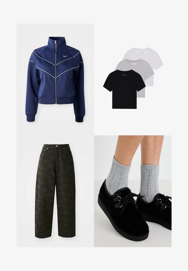 Jūras kara flotes zipsjaka, izgatavota no gludas auduma, ar augstu apkakli, baltu chevron šuvēm un sānu kabatām. Nike logo uz krūtīm.; Trīs īsām piedurknēm T-krekli melnā, pelēkā un baltā krāsā. Izgatavoti no kokvilnas, ar apaļu kakla izgriezumu un vienkāršu, viendabīgu krāsas dizainu.; Tumši zaļi platajiem kājām bikses ir ar teksturētu ziedu rakstu, piecu kabatu dizainu un metāla pogu aizdari viduklī.; Melni samta apavi ar plakanu zoli, apaļu pirkstu un divām acīm. Valkāti ar pelēkām vītņu zeķēm. Gluda tekstūra un vienkārša dizaina.