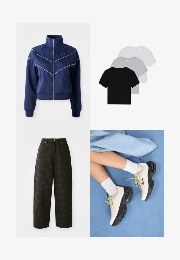 Casaco de fecho éclair azul-marinho feito de tecido liso, com gola alta, costura em chevron branca e bolsos laterais. Logótipo da Nike no peito.; Conjunto de três t-shirts de manga curta nas cores preto, cinza e branco. Feitas em algodão, com gola redonda e um design simples, em cores sólidas.; Calças largas de cor verde escuro apresentam um padrão floral texturizado, design de cinco bolsos e fechos de botão metálico na cintura.; Os ténis Nike Air Max apresentam um design em bege e preto, com um superior liso, amortecimento de ar visível e solas de borracha planas.